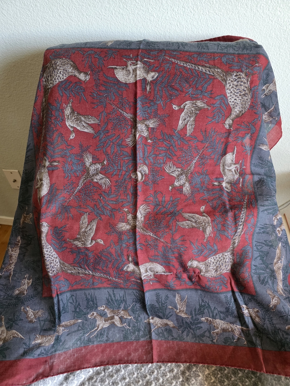 Vintage Ginnie Johansen Red & Blue  Pheasant Scarf